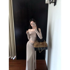 批发一字肩修身辣妹长袖<b class='q'>T</b><b class='q'>恤</b>上衣女秋季休闲套装绑带包臀半身裙两件套