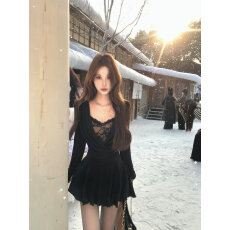 批发法式镂空蕾丝针织<b class='q'>连衣裙</b>女秋冬<b class='q'>蝴蝶结</b>裙子