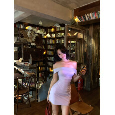 批发紫色一字肩吊带连衣裙女夏辣妹纯欲穿搭收腰显瘦<b class='q'>夜店</b><b class='q'>性感</b>包臀短裙