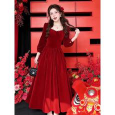 批发初见#实拍法式红色丝绒订婚敬酒服礼服连衣裙+40