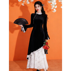 批发初见#实拍新中式黑色丝绒改良旗袍连衣裙+40