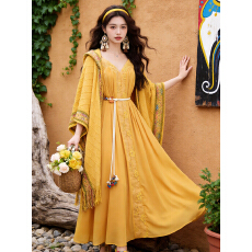 批发初见#实拍法式新疆云南旅游度假民族风黄色吊带<b class='q'>连衣裙</b>+40