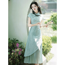 批发初见#实拍新中式清冷感假两件蓝色改良旗袍连衣裙+40