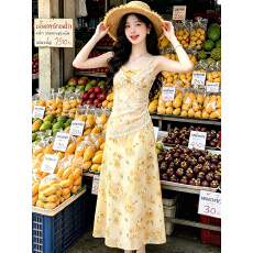 批发初见#实拍法式度假田园风油画碎花吊带连衣裙+40