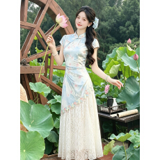 批发初见#实拍新中式绝美日常蓝色印花改良旗袍连衣裙+40