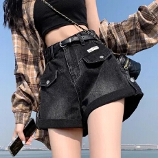 批发黑色<b class='q'>牛仔</b><b class='q'>短裤</b>女夏季薄款新款设计感高腰<b class='q'>卷</b><b class='q'>边</b>a字阔腿辣妹热裤