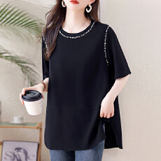 批发实拍2026夏季新款重工钉珠圆领侧开叉前短后长<b class='q'>大码</b>短袖T恤上衣女