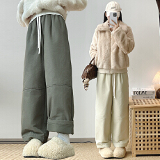 批发实拼接加绒白裤子抽绳束脚2025<b class='q'>休闲</b>直筒卫裤防风提花阔腿小个子