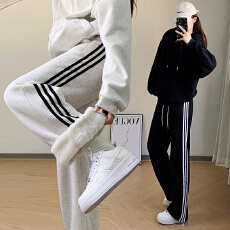 批发实拍羊羔绒束脚运动卫裤工装裤老爹高腰<b class='q'>哈伦</b>裤条纹阔腿裤休闲棉裤