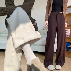 批发实拍泡泡棉加绒休闲裤高腰垂感百褶裤扎染阔腿裤暖暖条纹拖地软糯