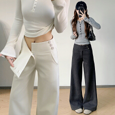 批发实拍侧边纽扣2026毛呢<b class='q'>西装</b>阔腿女百褶新款垂感高腰休闲直筒拖地裤