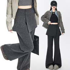 批发实拍新款假两件可拆卸屁帘裤高腰裤裙卫裤棉垂感阔腿裤微喇叭裤