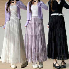 批发实拍<b class='q'>网纱</b>雪纺半身裙中长款蕾丝a字纯色休闲韩版长裙松紧伞裙纱裙