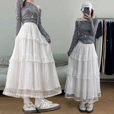 批发实拍蕾丝半身裙女高腰A字蛋糕裙小个子长裙法式垂坠感温柔风女裙