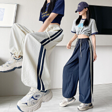 批发实拍工装裤<b class='q'>高腰</b>冰丝条纹裤拖地束脚裤薄款运动休闲裤小个子阔腿裤