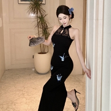批发实拍  入梦蓝蝶性感复古黑色中国风蝴蝶锈花旗袍连衣裙