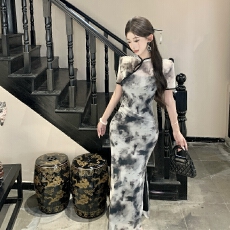 批发实拍  复古水墨印花<b class='q'>改良</b><b class='q'>旗袍</b>裙女夏季复古油画印花新中式连衣裙