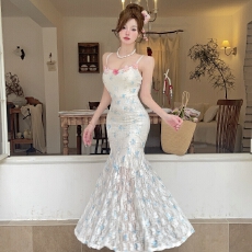 批发实拍   繁花人鱼裙摆吊带度假连衣裙夏季鱼尾气质吊带碎花长裙