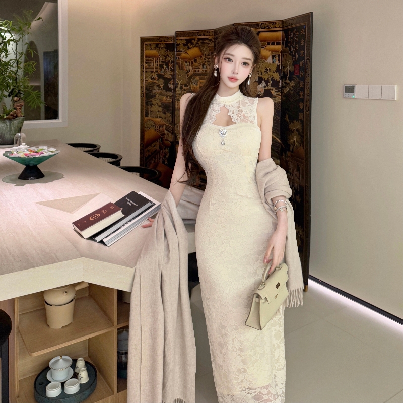 实拍  优雅气质蕾丝花边水钻收腰新中式改良旗袍包臀连衣裙