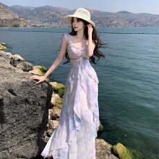 实拍  少女感亮片吊带裙仙气荷叶边海边沙滩度假风连衣裙长裙