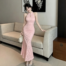 实拍  新中式改良旗袍连衣裙女无袖挂脖修身鱼尾裙显瘦礼服