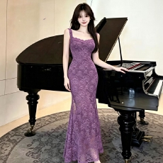 批发实拍  温柔风纯欲蕾丝吊带鱼尾裙<b class='q'>紫色</b>鱼尾吊带裙步步生莲鱼尾裙