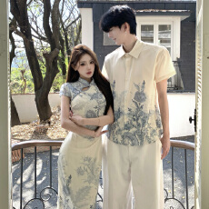 批发情侣装春季实拍个性修身女新中式国风旗袍连衣<b class='q'>裙</b>男短袖衬衫