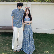 批发实拍情侣装夏季吊带长款度假风连衣裙裙衬衫男款