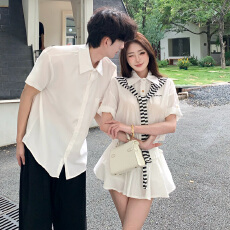 批发实拍情侣装甜美辣妹风烫钻衬衫半身裙套装+披肩