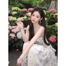 批发For Fay 蓝色印花雪纺系带蝴蝶结连衣裙女修身度假长裙吊带仙女裙