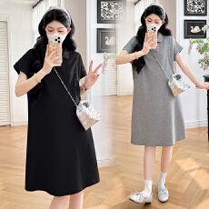 批发实拍现~韩系高级感孕妇连衣裙时尚翻领宽松<b class='q'>休闲</b>显瘦小个子连衣裙