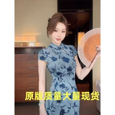 批发官图现货  梦江南玫瑰印花新中式改良旗袍连衣裙女夏季连衣裙