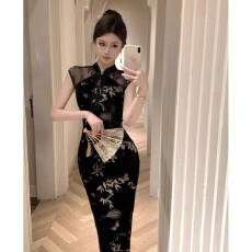 批发官图张碧晨同款新中式旗袍国风丝绒碎花连衣裙气质显瘦包臀裙