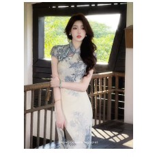 批发官图国改青花瓷新中式印花改良旗袍女<b class='q'>春</b>夏短袖连衣裙镂空收腰长裙