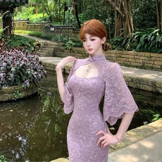 批发官图  纯欲秋季新款显瘦遮肉显身材收腰包臀<b class='q'>中袖</b>连衣裙改良旗袍