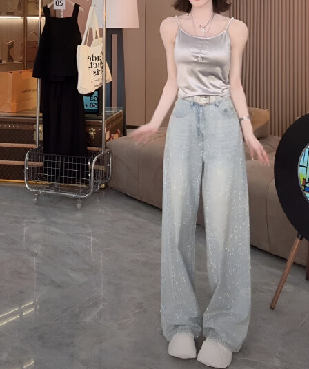 반짝임 바지 여름 얇은 스타일 넓은 다리 청바지 디자인 전체 훈련 패션 다용도 디자인 청바지 무거운 작업 긴 바지 여성