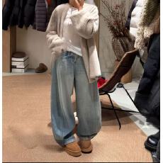 批发冬季加绒高品质<b class='q'>牛仔裤</b> 半<b class='q'>松紧</b>腰宽松休闲百搭裤水洗阔腿裤