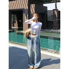 批发早春抽绳<b class='q'>松紧腰</b><b class='q'>牛仔裤</b> 女浅蓝色宽松慵懒松弛感阔腿裤休闲长裤