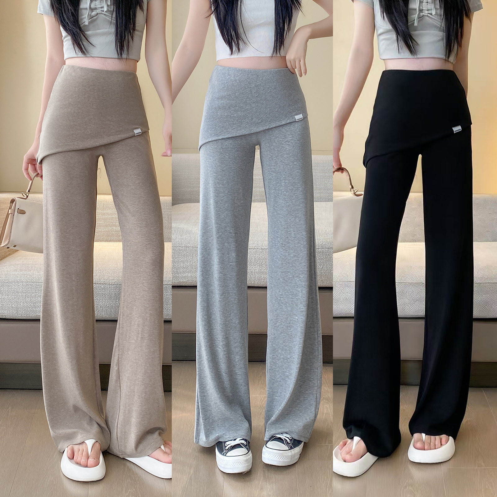 RY2073# 实拍 春夏修身通勤休闲裤 阔腿屁帘裤高弹性感显瘦运动微喇长裤