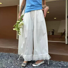 批发白色花边阔腿裤女2026春夏新款高腰垂感宽松直筒休闲<b class='q'>九分</b>花苞裤潮