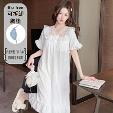 批发<b class='q'>夏</b>季新款云朵棉短袖睡衣女睡裙白色蕾丝边公主风套头带胸垫家居服