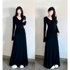 批发【人棉抓毛】喇叭袖收腰小个子气质V领修身显瘦大裙摆a字连衣裙