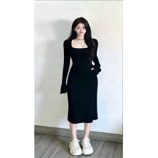 批发【人棉抓毛】喇叭袖收腰小个子长裙气质方领连衣裙修身显瘦大裙摆