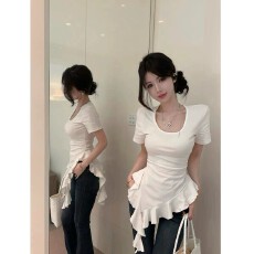 批发【酷丝棉】法式新款设计感荷叶边不规则下摆短袖<b class='q'>t</b>恤百搭修身上衣