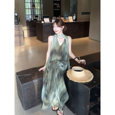 批发韩系两穿度假风扎染飘带背心<b class='q'>连衣裙</b>女夏季复古气质宽松A字裙长裙