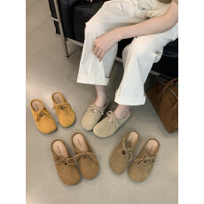 批发2025秋款新款系带蝴蝶结真皮包头拖休闲女拖鞋