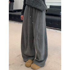 批发欧货慵懒风高腰直筒<b class='q'>阔腿裤</b>女2025秋冬新款灰色抽绳垂感显瘦休闲<b class='q'>裤</b>