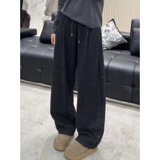 批发韩版亮丝细闪<b class='q'>阔腿裤</b>女2025秋冬新款加绒加厚松紧腰抽绳显瘦弯刀<b class='q'>裤</b>