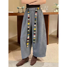 批发彩色编织腰带毛呢九分<b class='q'>阔腿裤</b>女欧洲站2025秋季韩版宽松休闲弯刀<b class='q'>裤</b>