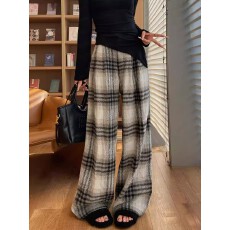 批发MDCW STUDIO加绒加厚毛呢格子<b class='q'>裤</b>女2025秋冬新款复古黑白格阔腿<b class='q'>裤</b>